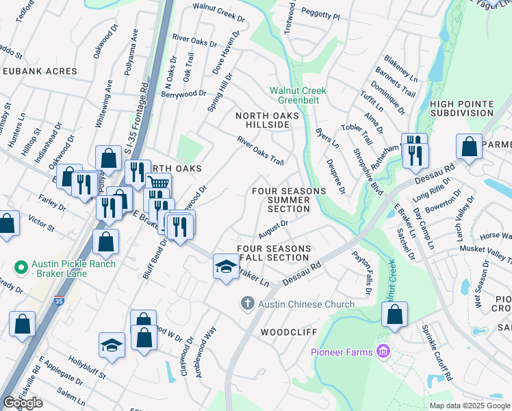 map of restaurants, bars, coffee shops, grocery stores, and more near 11501 January Drive in Austin