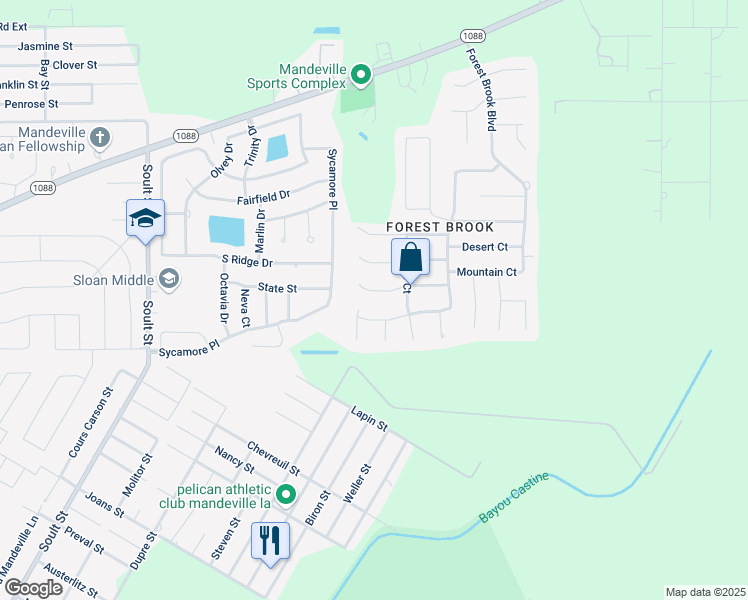 map of restaurants, bars, coffee shops, grocery stores, and more near 2619 Bluff Court in Mandeville
