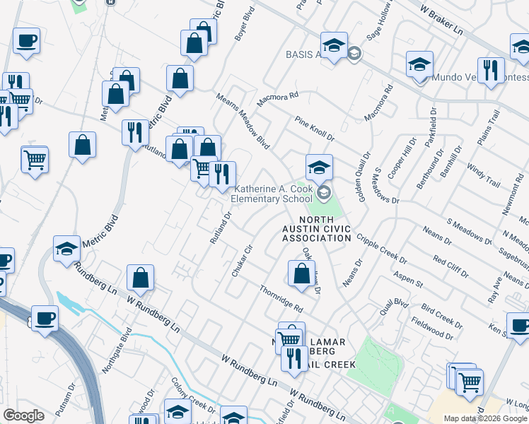 map of restaurants, bars, coffee shops, grocery stores, and more near 10101 Quail Hutch Drive in Austin