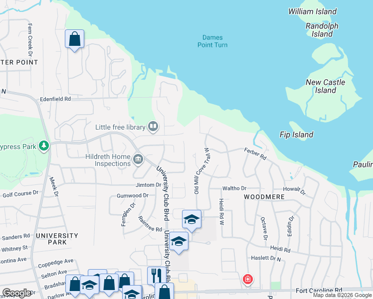 map of restaurants, bars, coffee shops, grocery stores, and more near 4166 Dawnridge Road East in Jacksonville