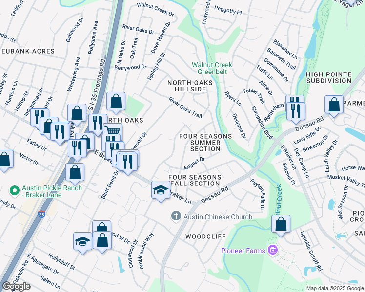 map of restaurants, bars, coffee shops, grocery stores, and more near 11501 January Drive in Austin