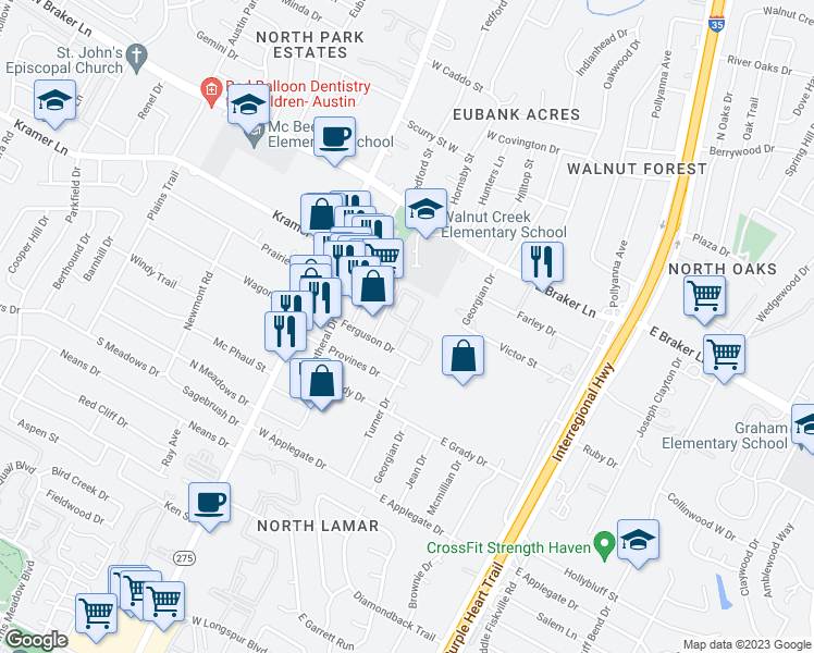 map of restaurants, bars, coffee shops, grocery stores, and more near 100-206 Ferguson Drive in Austin