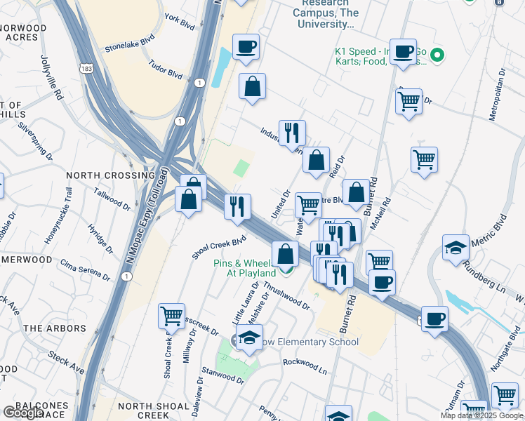 map of restaurants, bars, coffee shops, grocery stores, and more near 9177 Research Boulevard in Austin