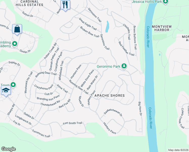 map of restaurants, bars, coffee shops, grocery stores, and more near 14243 Hunters Pass in Austin