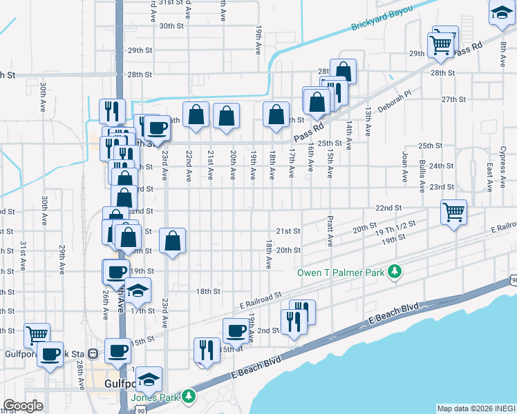 map of restaurants, bars, coffee shops, grocery stores, and more near 2121 19th Avenue in Gulfport