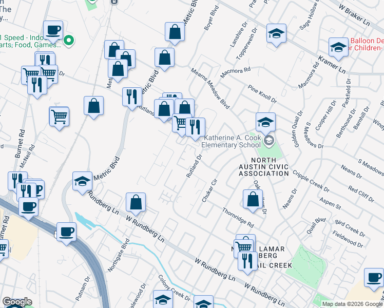 map of restaurants, bars, coffee shops, grocery stores, and more near 1727 Rutland Drive in Austin