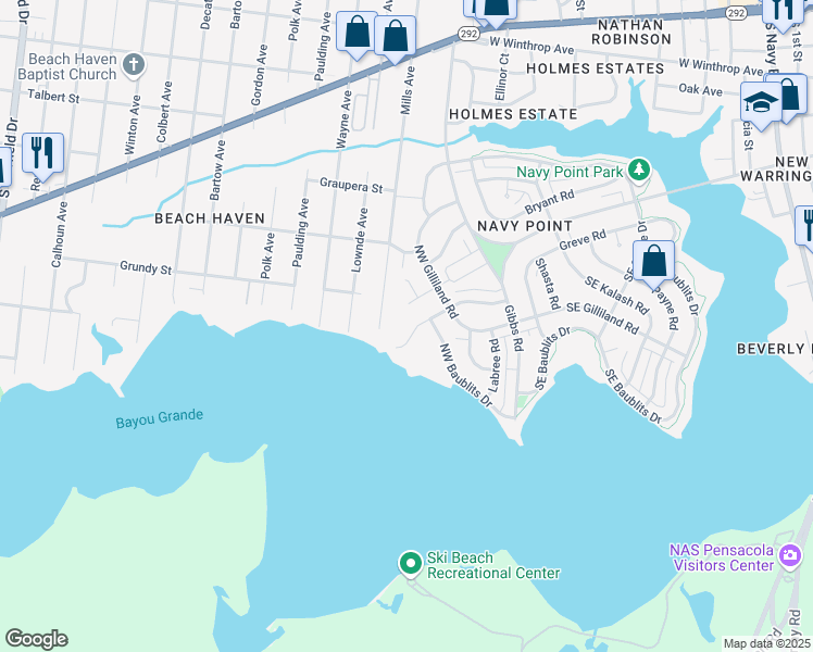 map of restaurants, bars, coffee shops, grocery stores, and more near 114 Cousineau Road in Pensacola