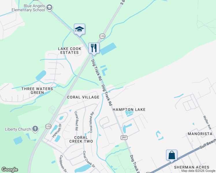 map of restaurants, bars, coffee shops, grocery stores, and more near 2128 Dog Track Road in Pensacola