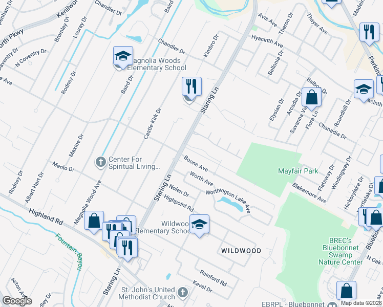 map of restaurants, bars, coffee shops, grocery stores, and more near 8906 Boone Avenue in Baton Rouge
