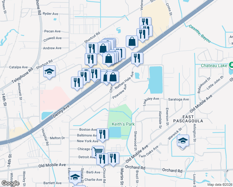 map of restaurants, bars, coffee shops, grocery stores, and more near 3706 Pineview Avenue in Pascagoula