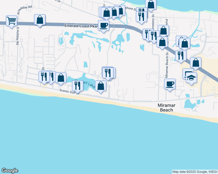 map of restaurants, bars, coffee shops, grocery stores, and more near Seascape Boulevard in Miramar Beach