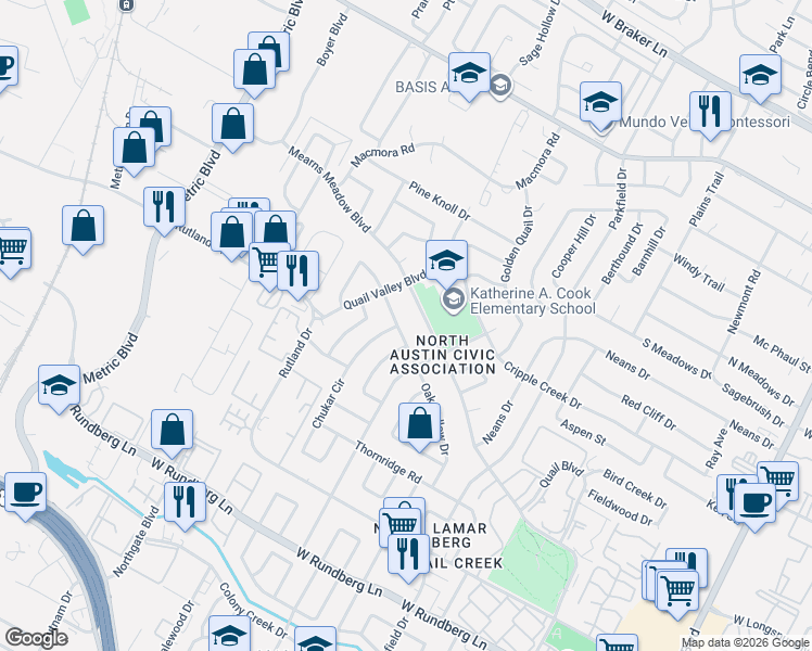 map of restaurants, bars, coffee shops, grocery stores, and more near 10105 Chukar Circle in Austin