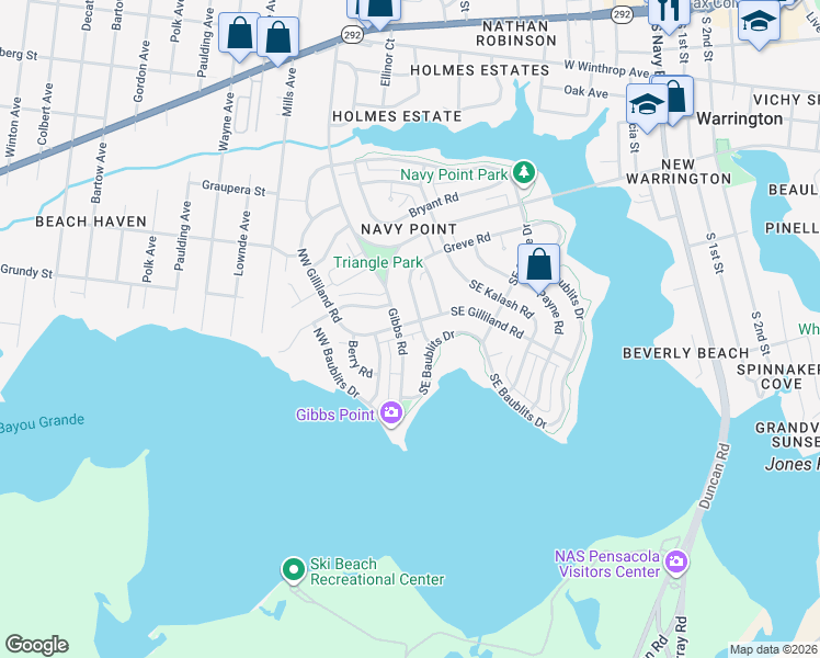 map of restaurants, bars, coffee shops, grocery stores, and more near 5 Southeast Gilliland Road in Pensacola