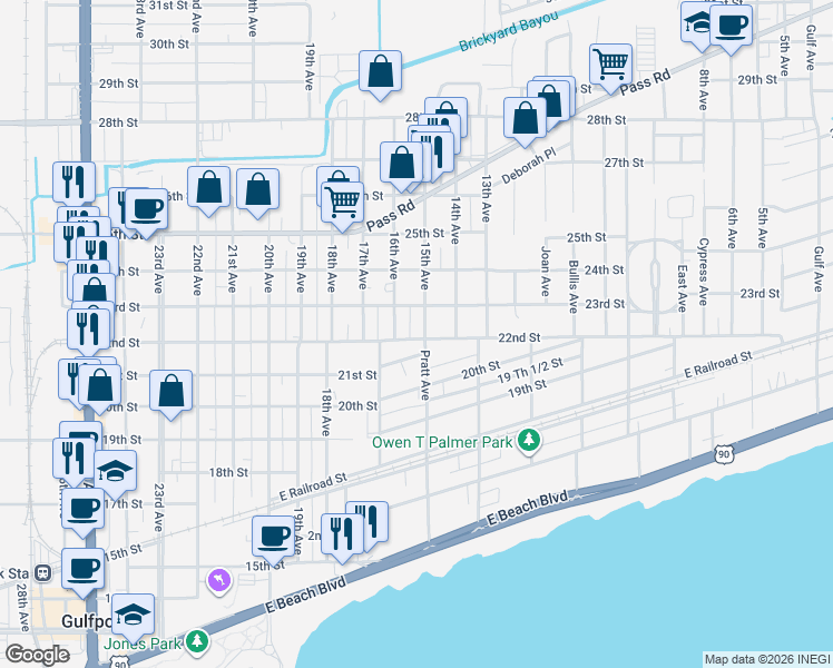 map of restaurants, bars, coffee shops, grocery stores, and more near 1614 21st Street in Gulfport