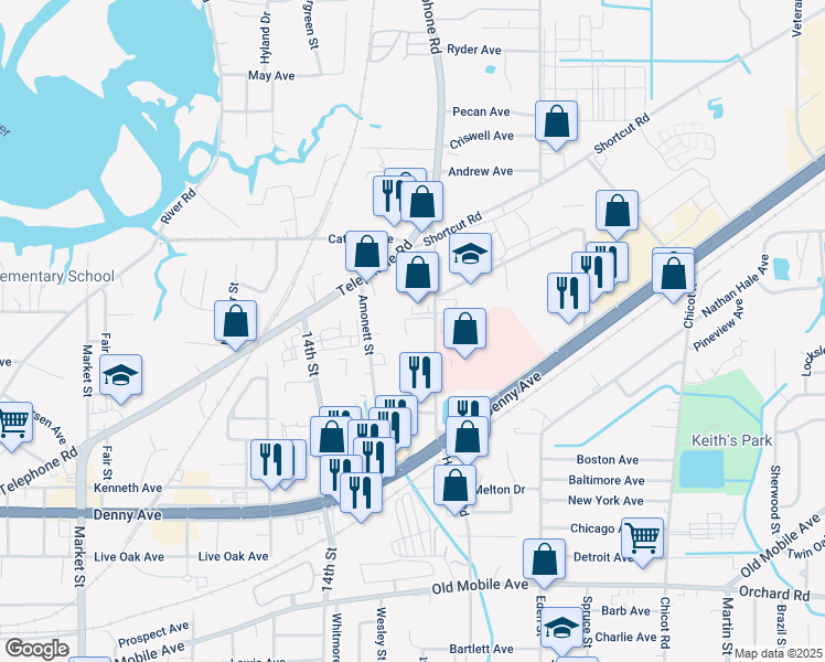 map of restaurants, bars, coffee shops, grocery stores, and more near 4211 Hospital Street in Pascagoula