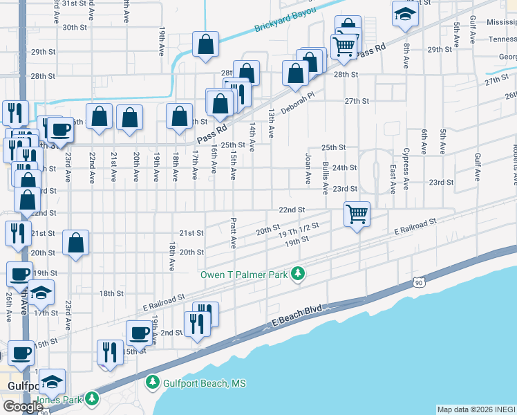 map of restaurants, bars, coffee shops, grocery stores, and more near 1525 21st Street in Gulfport