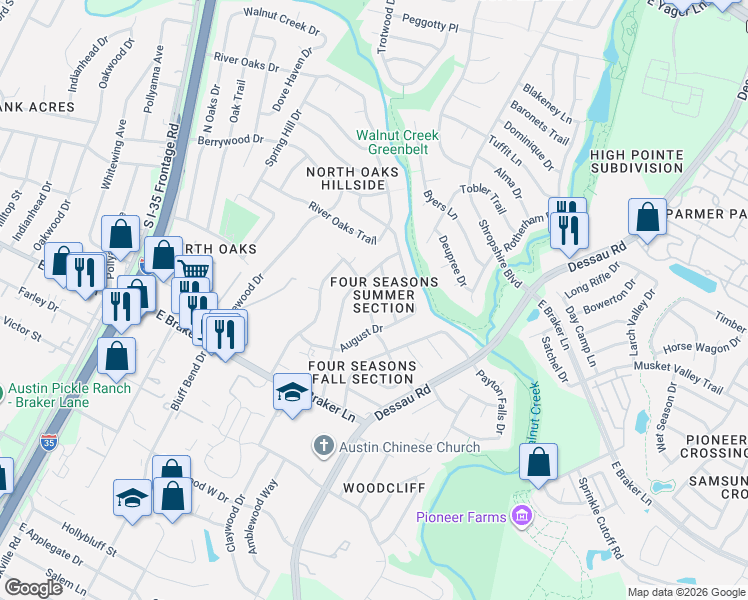 map of restaurants, bars, coffee shops, grocery stores, and more near 11404 March Drive in Austin