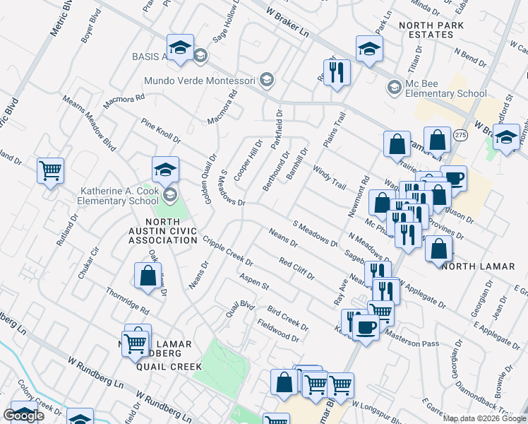 map of restaurants, bars, coffee shops, grocery stores, and more near 1206 Neans Drive in Austin