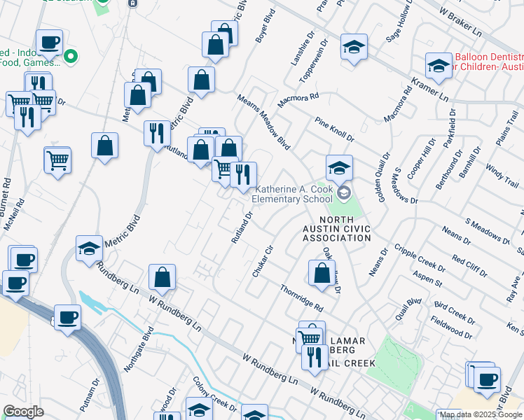 map of restaurants, bars, coffee shops, grocery stores, and more near 1710 Ledgewood Drive in Austin
