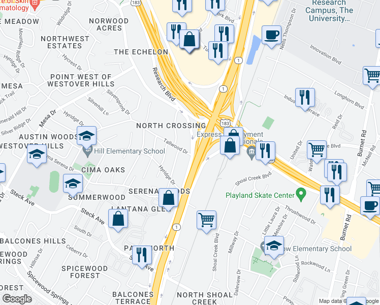 map of restaurants, bars, coffee shops, grocery stores, and more near 8871 Tallwood Drive in Austin