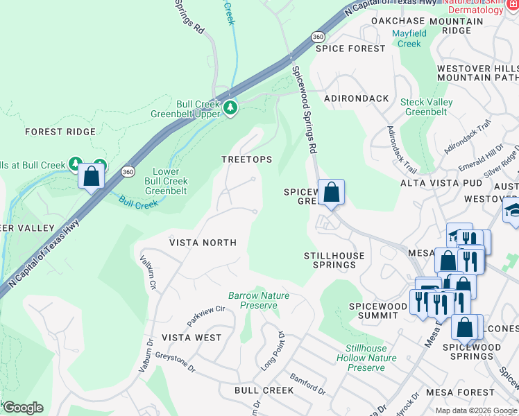 map of restaurants, bars, coffee shops, grocery stores, and more near 5000 Valburn Court in Austin