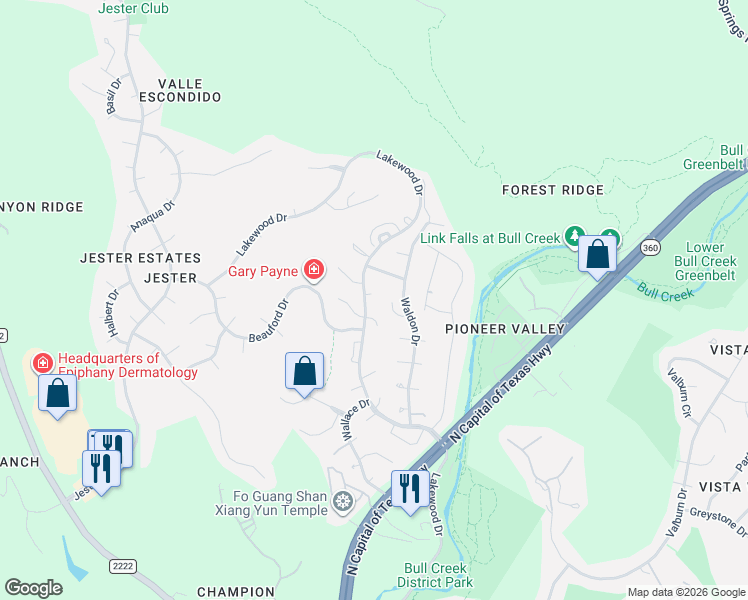 map of restaurants, bars, coffee shops, grocery stores, and more near 6311 Big Cat Cove in Austin