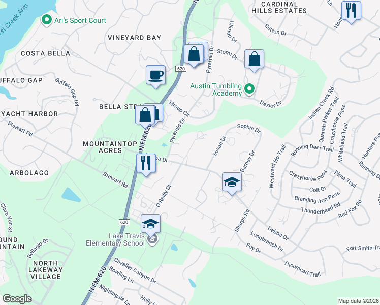 map of restaurants, bars, coffee shops, grocery stores, and more near 1401 Oreilly Court in Austin