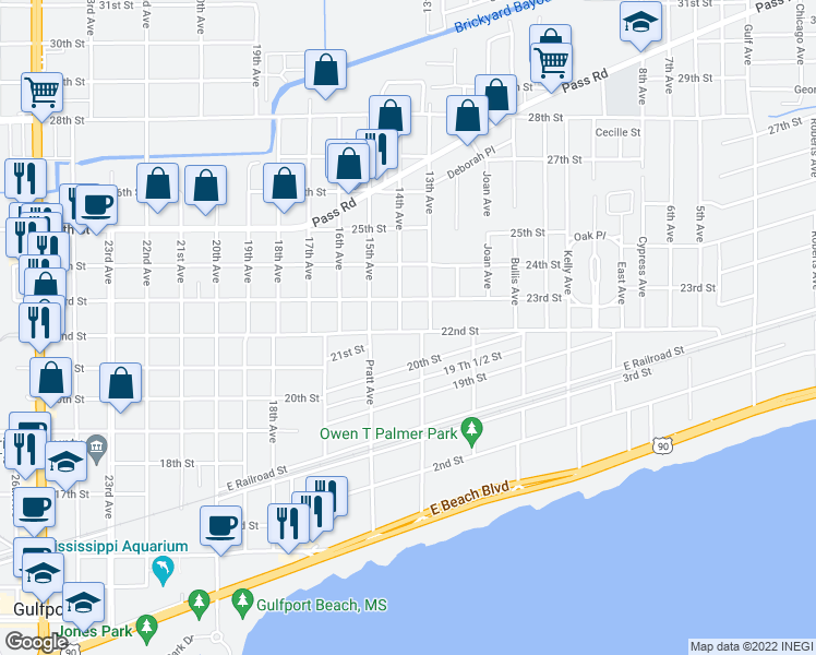 map of restaurants, bars, coffee shops, grocery stores, and more near 1360 22nd Street in Gulfport