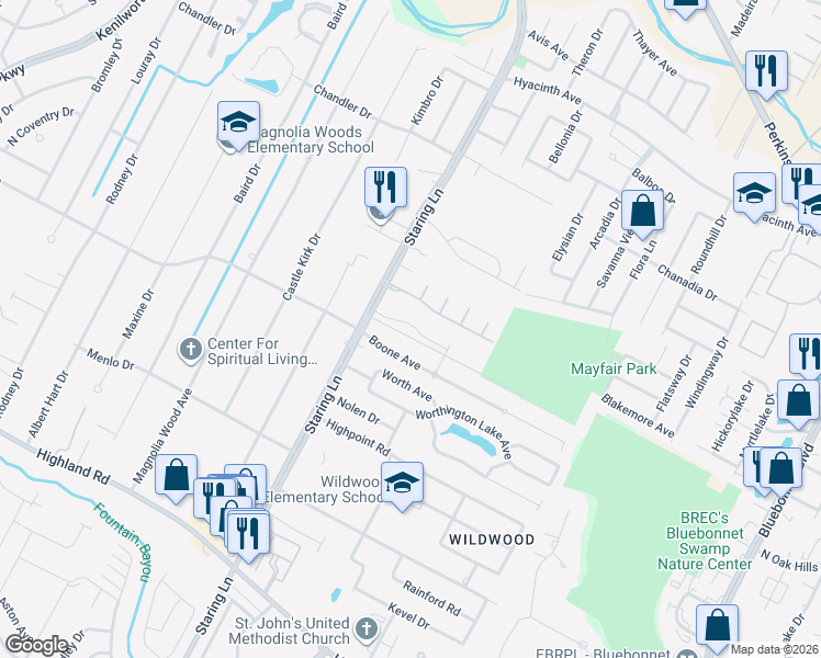 map of restaurants, bars, coffee shops, grocery stores, and more near 9013 Boone Avenue in Baton Rouge