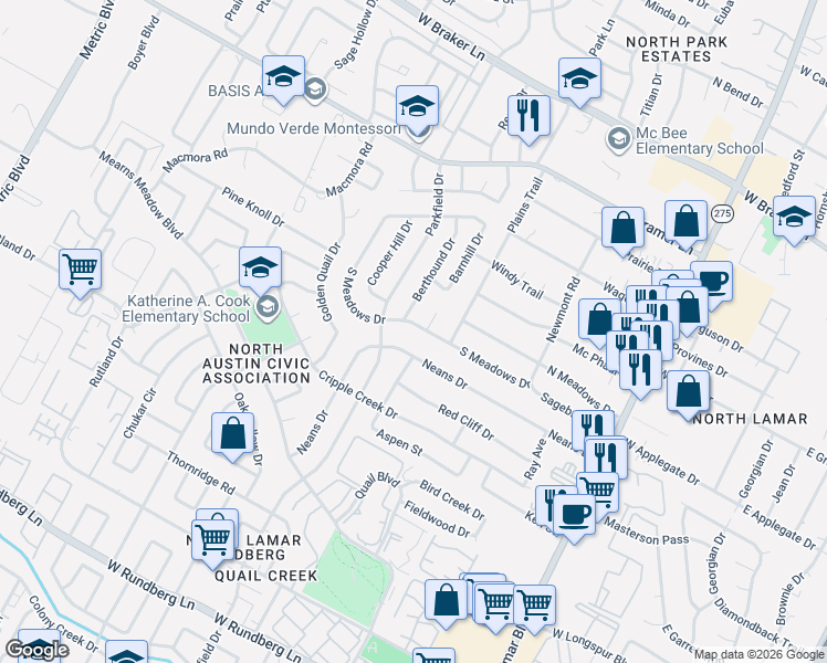 map of restaurants, bars, coffee shops, grocery stores, and more near 1206 Neans Drive in Austin