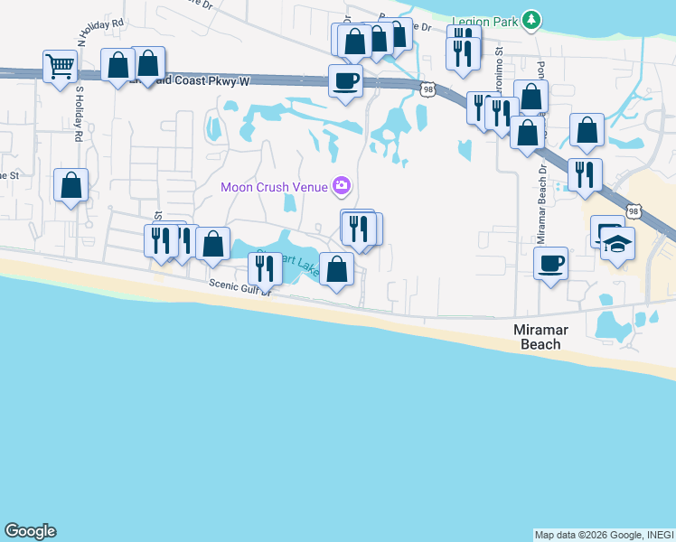map of restaurants, bars, coffee shops, grocery stores, and more near 1200 Scenic Gulf Drive in Miramar Beach