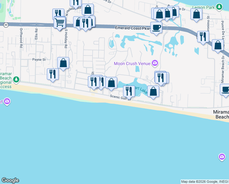 map of restaurants, bars, coffee shops, grocery stores, and more near 1485 Scenic Highway 98 in Miramar Beach