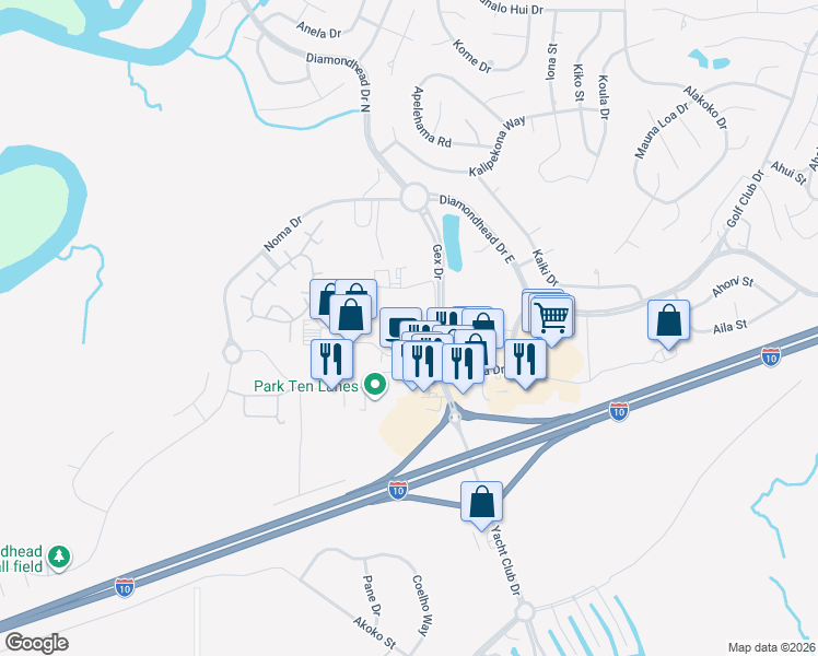 map of restaurants, bars, coffee shops, grocery stores, and more near 5401 Gex Road in Diamondhead