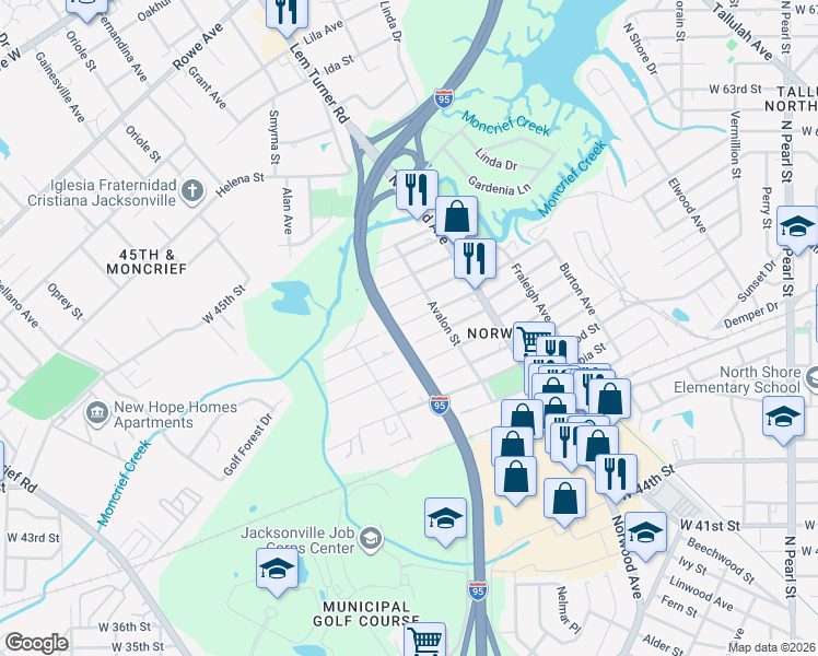 map of restaurants, bars, coffee shops, grocery stores, and more near 1119 Kenmore Street in Jacksonville