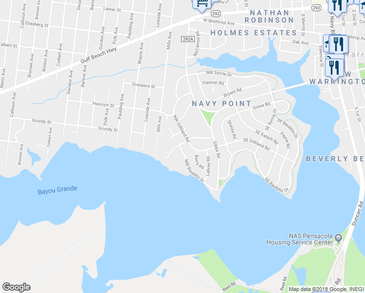 map of restaurants, bars, coffee shops, grocery stores, and more near 130 Northwest Baublits Drive in Pensacola