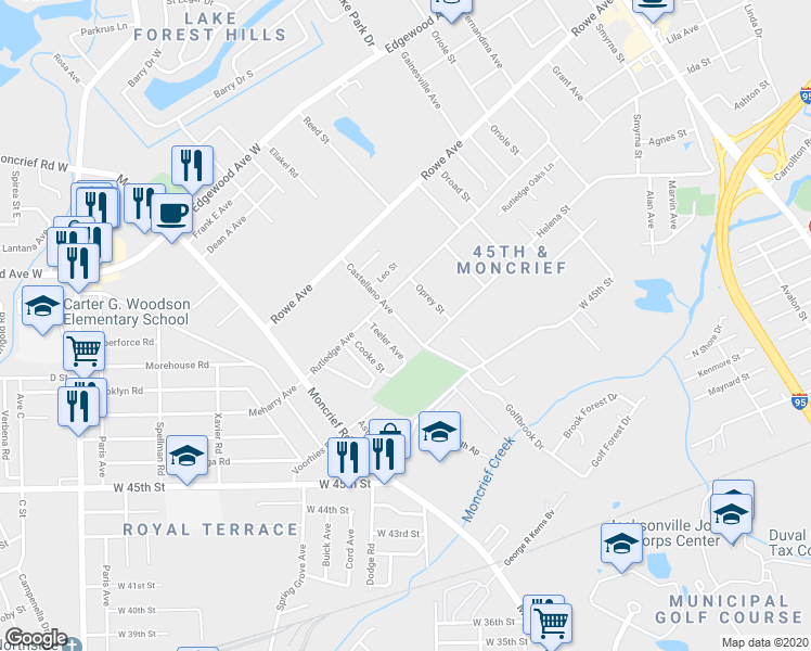 map of restaurants, bars, coffee shops, grocery stores, and more near 5733 Castellano Avenue in Jacksonville