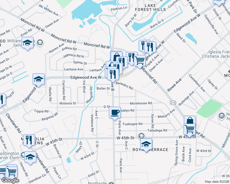 map of restaurants, bars, coffee shops, grocery stores, and more near 5739 Avenue B in Jacksonville