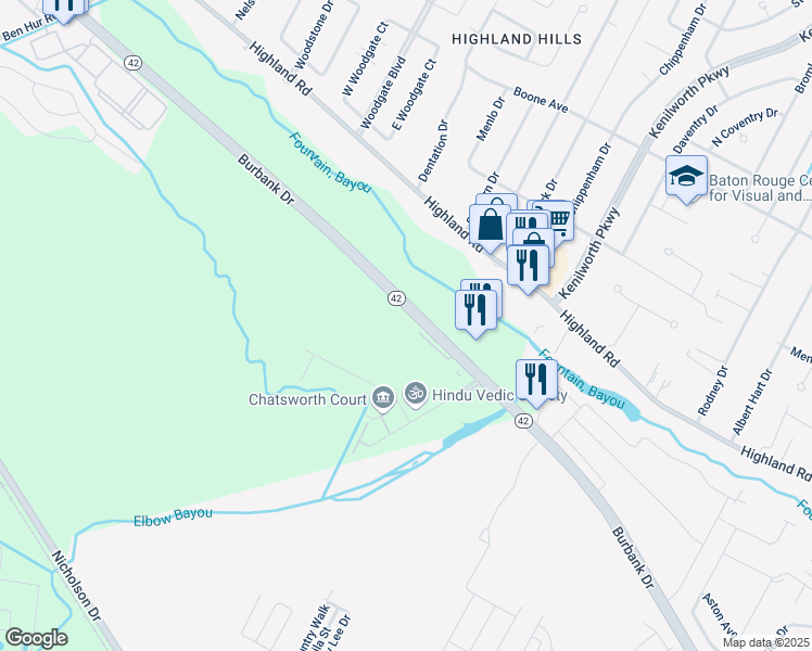 map of restaurants, bars, coffee shops, grocery stores, and more near 7170 Burbank Drive in Baton Rouge