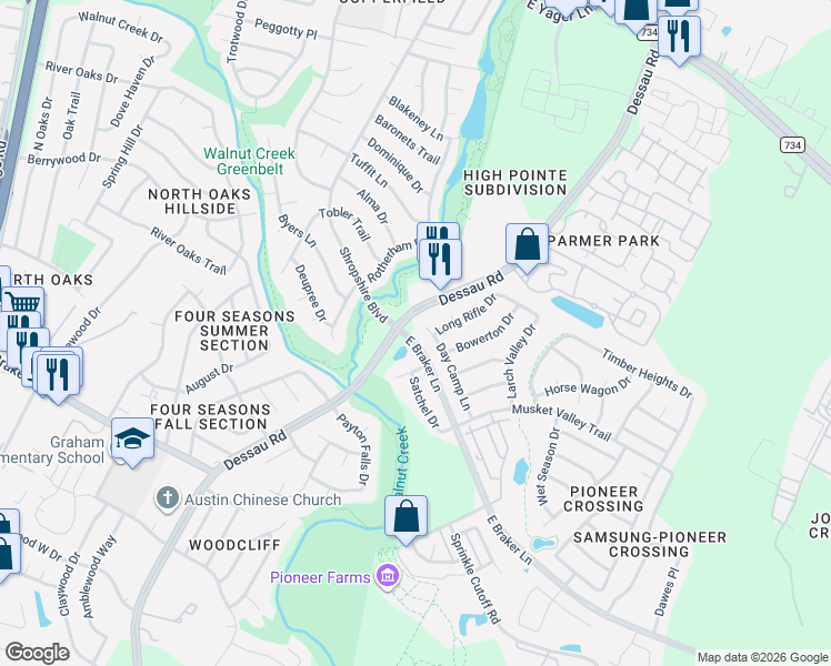 map of restaurants, bars, coffee shops, grocery stores, and more near 11708 Day Camp Lane in Austin