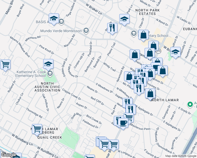 map of restaurants, bars, coffee shops, grocery stores, and more near 1102 South Meadows Drive in Austin