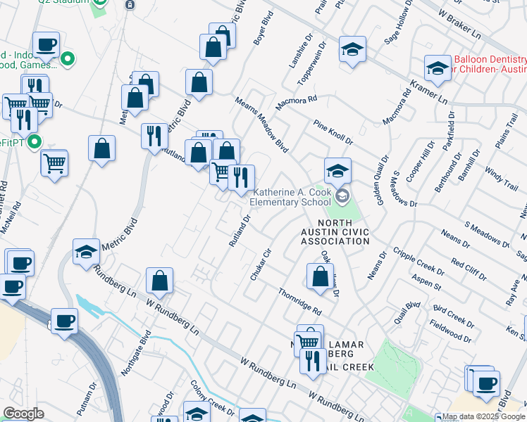map of restaurants, bars, coffee shops, grocery stores, and more near 1710 Ledgewood Drive in Austin