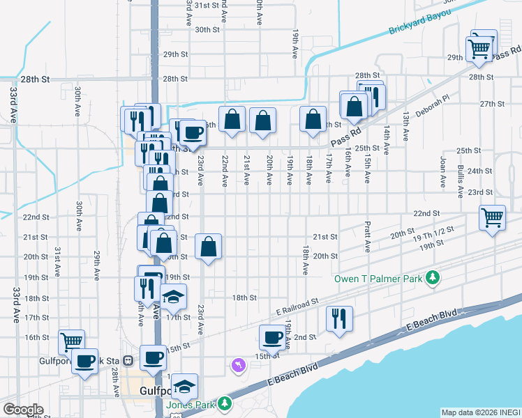 map of restaurants, bars, coffee shops, grocery stores, and more near 2123 20th Avenue in Gulfport