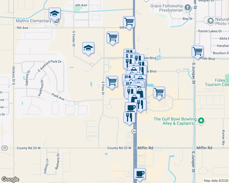 map of restaurants, bars, coffee shops, grocery stores, and more near 10389 Highway 59 in Foley