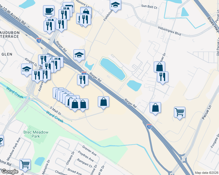 map of restaurants, bars, coffee shops, grocery stores, and more near 11439 Reiger Road in Baton Rouge