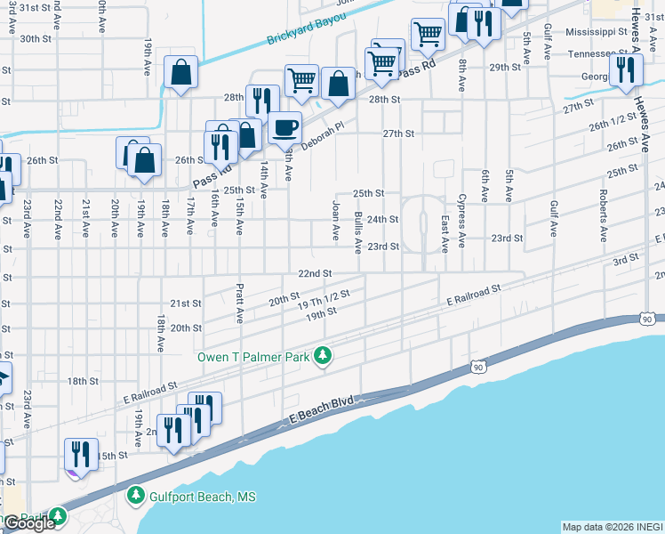 map of restaurants, bars, coffee shops, grocery stores, and more near 2001-2099 Henderson Street in Gulfport