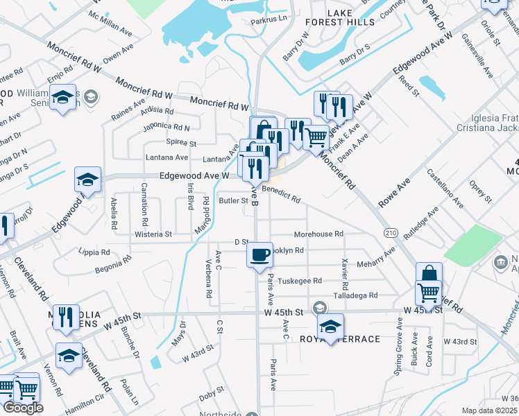 map of restaurants, bars, coffee shops, grocery stores, and more near 5739 Avenue B in Jacksonville