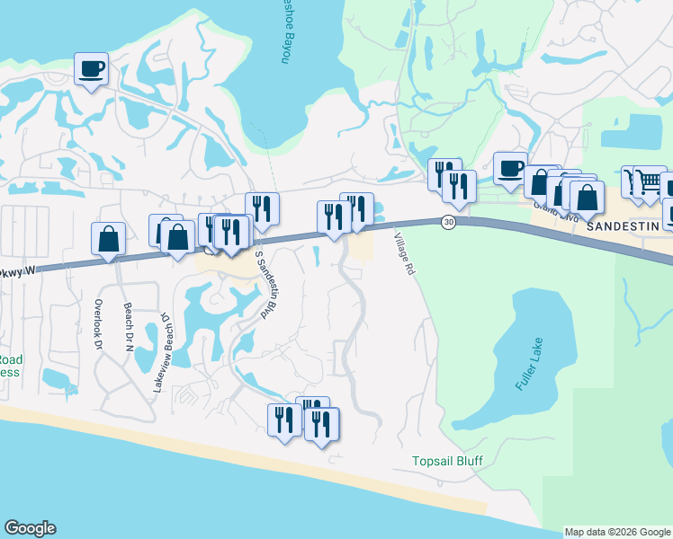 map of restaurants, bars, coffee shops, grocery stores, and more near 24 Forest Hills Lane in Miramar Beach