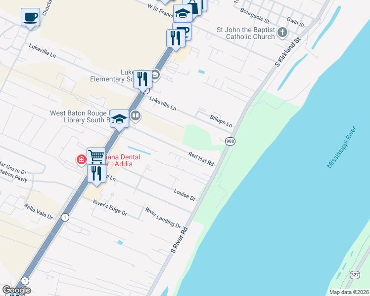 map of restaurants, bars, coffee shops, grocery stores, and more near 2949 Red Hat Road in Brusly