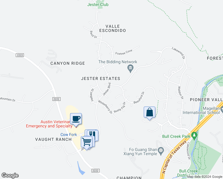 map of restaurants, bars, coffee shops, grocery stores, and more near 7104 Fig Vine Cove in Austin