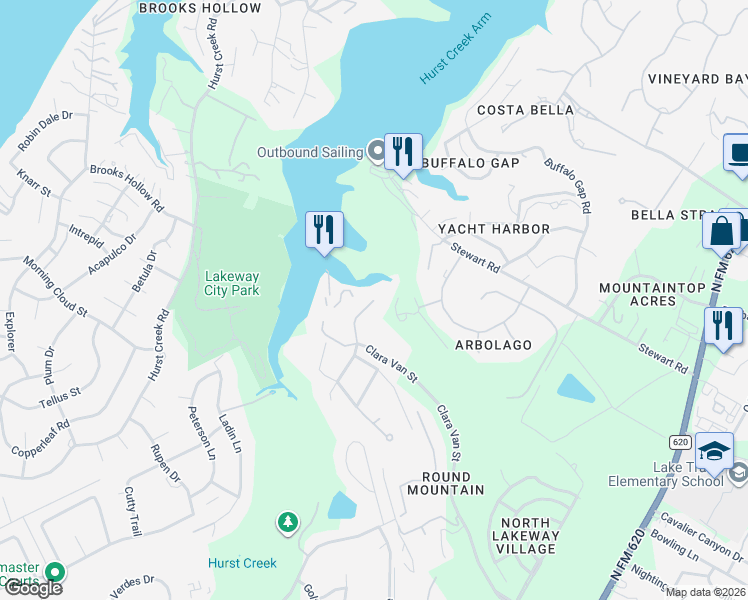 map of restaurants, bars, coffee shops, grocery stores, and more near 17009 Clara Van Street in Lakeway